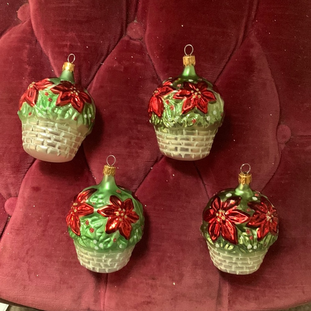 (6) 90’s Christmas tree ornaments basket of poinsettias ornaments